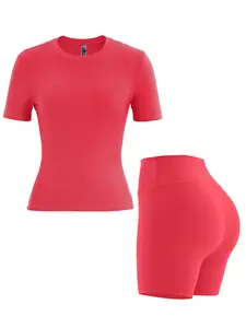 Two-Piece Set Women's Solid Color Tracksuit Set, Sporty Breathable Short Sleeve Tee & High Waist Skinny Shorts Set, Ladies Sportswear for Indoor Outdoor Wear