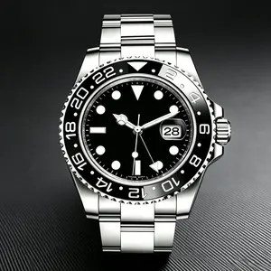Luxury GMT Automatic Stainless Steel Watch for Men – Black Ceramic Bezel, 24-Hour Dual Time Zone, Luminous Dial, Date Display, Sapphire-Style Crystal, Water Resistant Dress Sport Watch