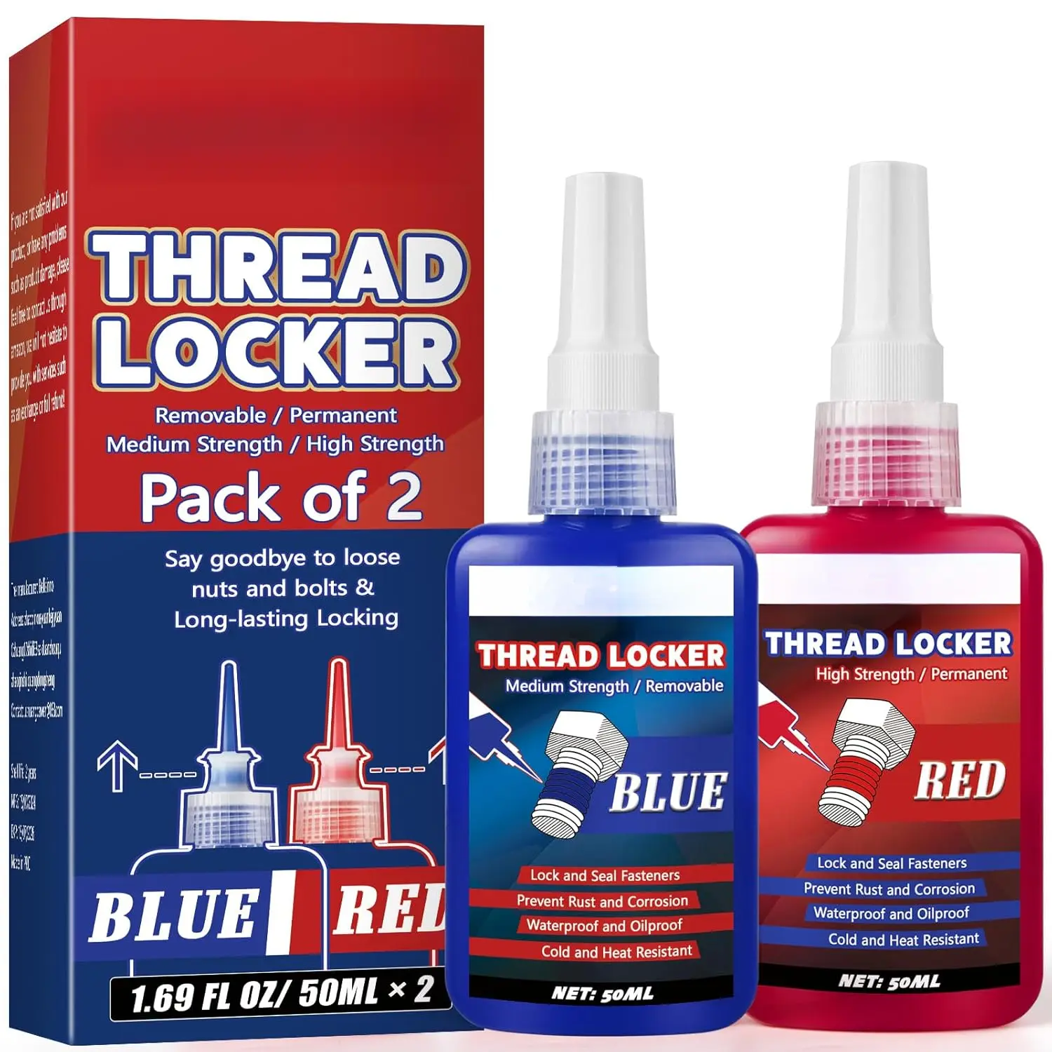 Thread Locker Blue and Red, Medium and  Strength Thread Lock, Threadlocker for Nuts, , Fasteners and Metals, Anaerobic Curing Screw Glue to  Loosening and  (Blue and Red)