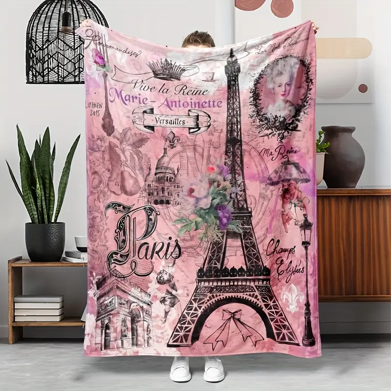 1 Piece Eiffel Tower Flannel Blanket - Vintage Paris Landmark Pattern, Pink and Black Print, All-Season Multi-Purpose Sofa, Camping Travel Blanket - Warm Gift for Family and Friends, Sofa Decorative Blanket, Comfortable and Warm Blanket