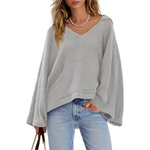 Womens V Neck Sweatshirt Oversized Hoodies Pullover Bell Sleeve Tops Trendy Loose Fit Sweatshirt with Pocket