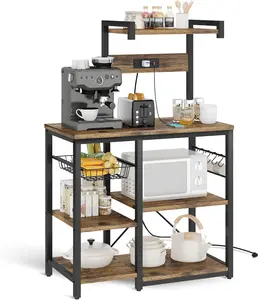 Recaceik Bakers Rack for Kitchen with Power Outlet,Microwave Oven Stand Metal Wire Basket Organiser with Hooks, Retro Storage Furniture,Utility Shelf for Kitchen Furniture Indoor Display Rack