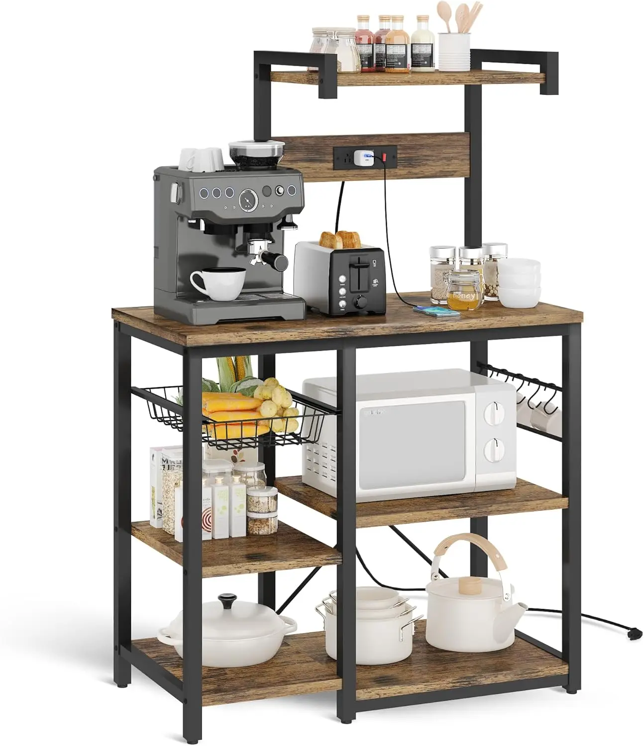 Recaceik Bakers Rack,Microwave Stand with Wooden Standing Coffee Bar with Power Outlet Switch,Wire Basket Organiser with Hooks, Retro Storage Furnitur