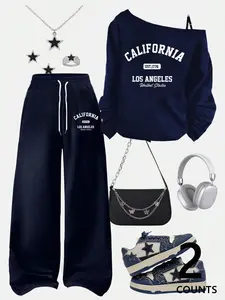 A teenage girl's off-shoulder top and wide-leg casual trousers; a loose-fitting, oversized casual long-sleeved top with a Graphic letter print paired with loose-fitting drawstring trousers; soft, suitable for women, and versatile Womenswear