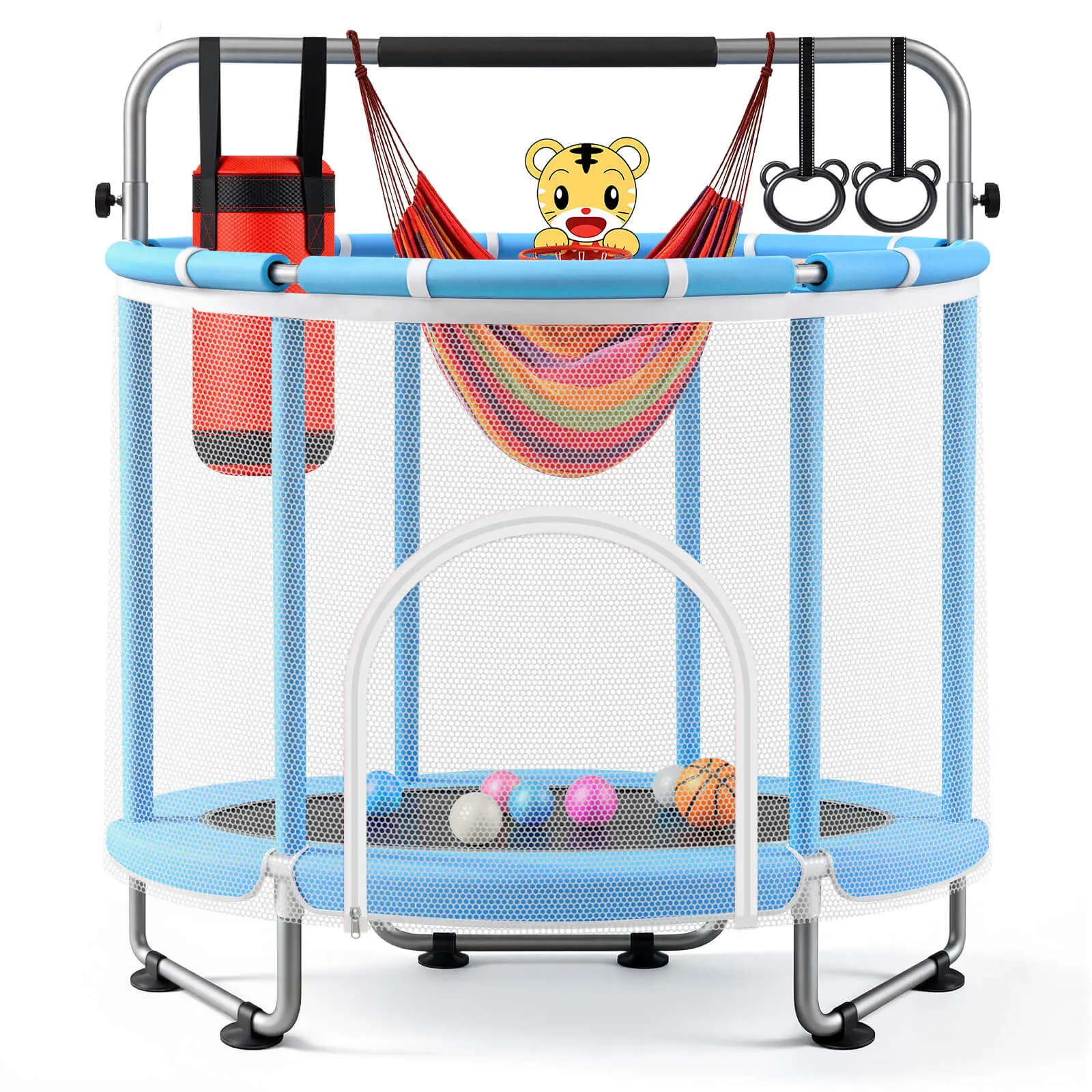 Seray 55" Trampoline for Kids with Enclosure Safety Net, 440LBS Capacity Indoor & Outdoor, 7-in-1 Toddler Toys with Basketball Hoop/Swing/Adjustable Bar, Mini Recreational Trampoline Birthday Gift for Boys & Girls
