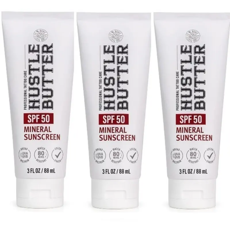Hustle Butter SPF50 Mineral Tattoo Sunscreen Lotion - Water-Resistant UV Ink Protector, Gentle Daily Tattoo Aftercare Moisturizer