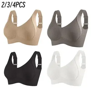 EssElegance 2/3/4PCS  Ribbed Push-Up Seamless Bra Set Soft Comfortable - Solid Four-breasted Adjustable Straps & Wire-Free Support for Daily Wear, Ultra-Soft Breathable Fabric,Bralette for women Full Coverage