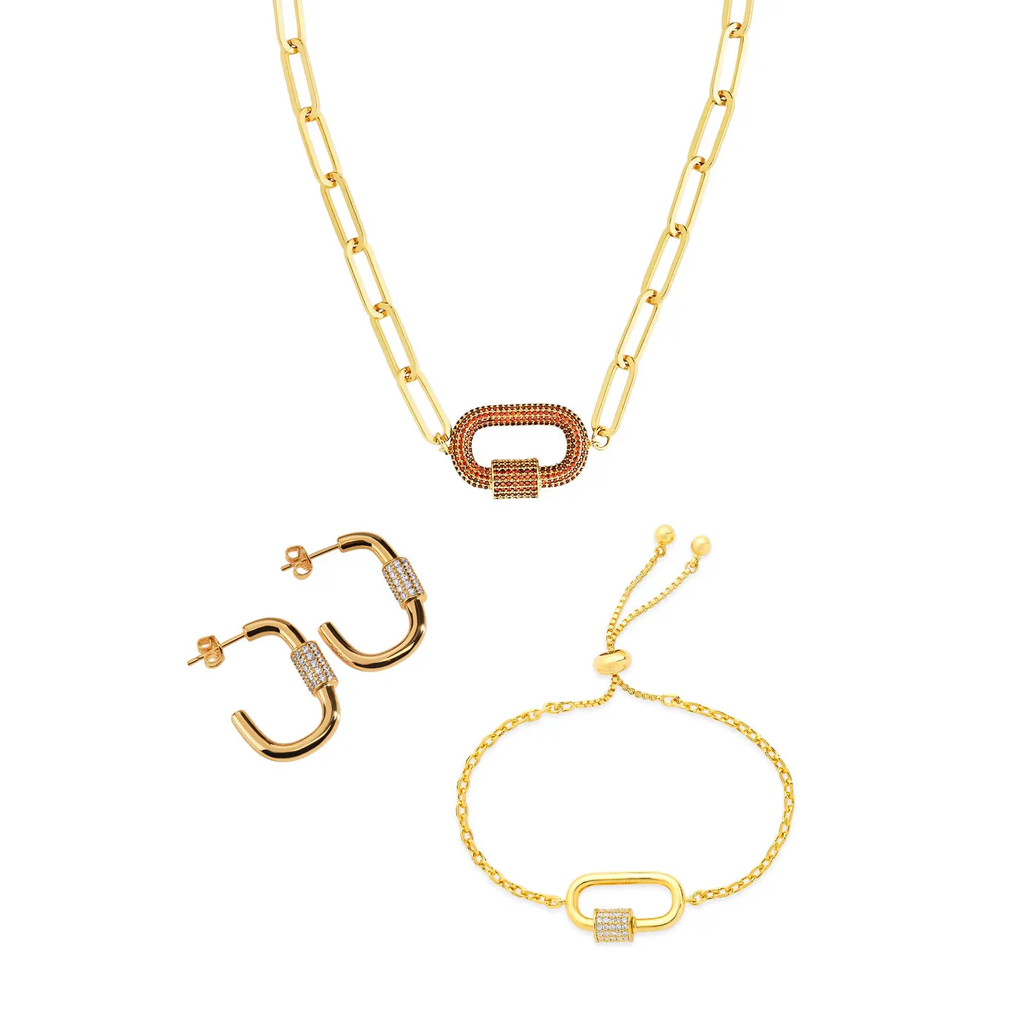 Pave CZ Carabiner Linked Lock Necklace Bundle