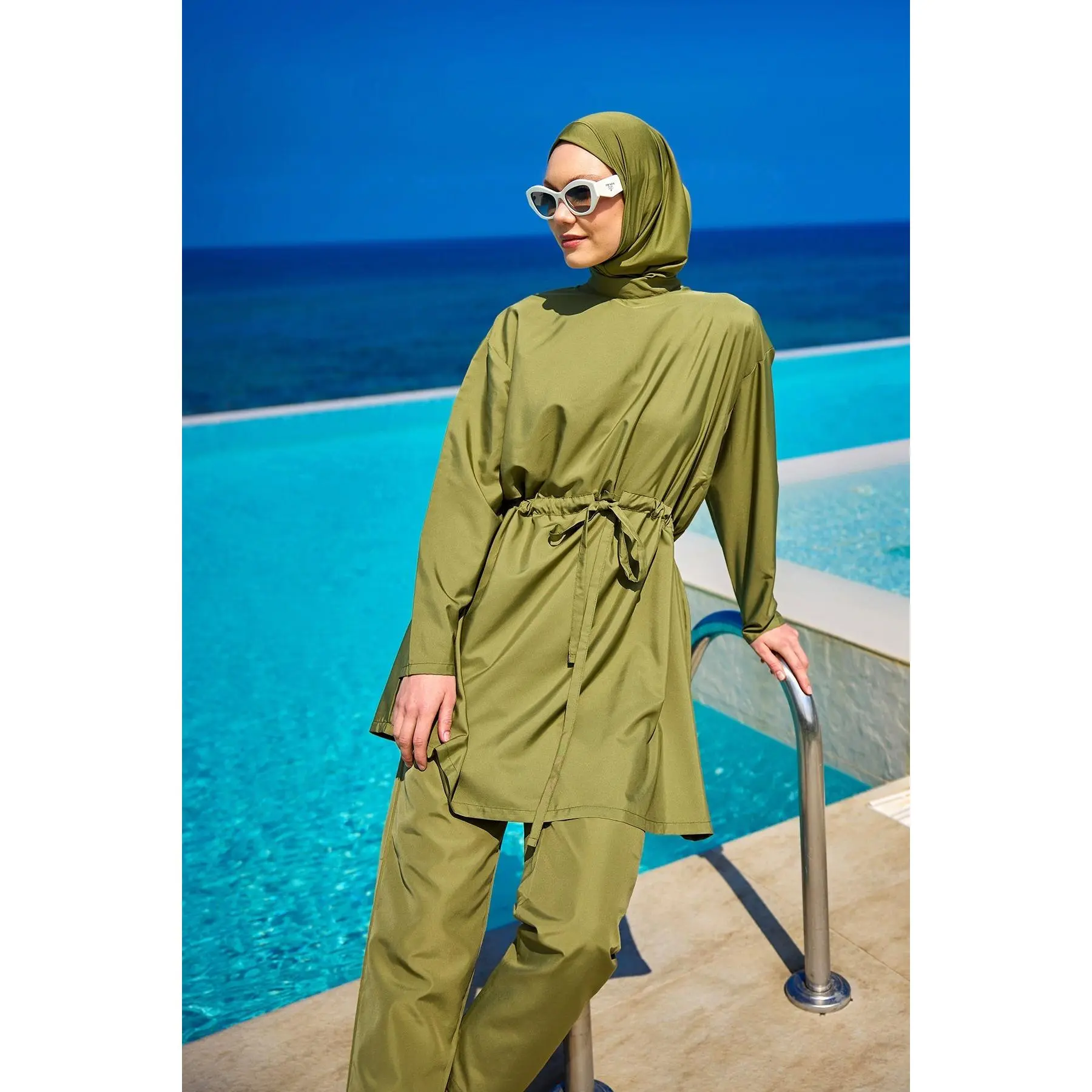 Women's Elegant 3-Piece Burkini Set, High Neck Full Coverage Polyester Swimsuit with Ruched Tunic, Lightweight for Beach & Pool Use, S, M, 100% Polyester, Modest, Polyester Blend