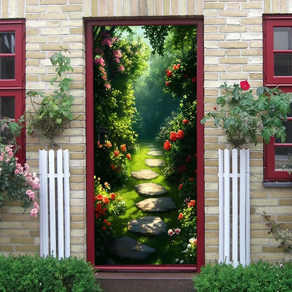 2pcs Forest Path Wall Sticker with Sunlight and Roses, Self-Adhesive Vinyl Decal for Bedroom Living Room, Nature Scene Decor with Green Vines and Stone Path, Easy to Apply Home Decor Mural, Crea