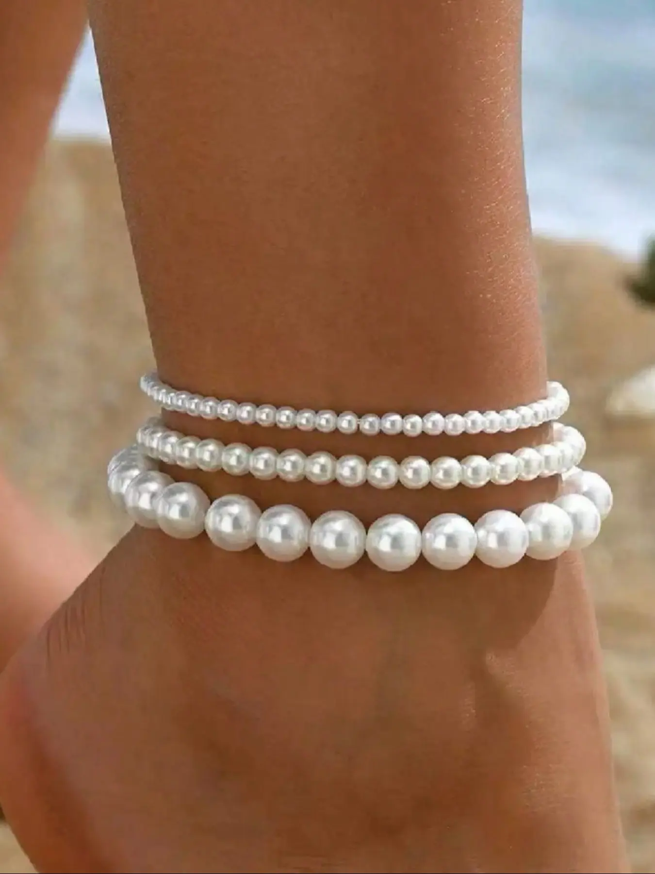 Minimalist Artificial Pearl Bead Anklet, Fashionable Elastic Foot Accessory Set for Women, Casual Ocean Vacation Style Ankle Jewelry Set, Fashionable Jewelry Accessories, Trendy Fashionable Accessories