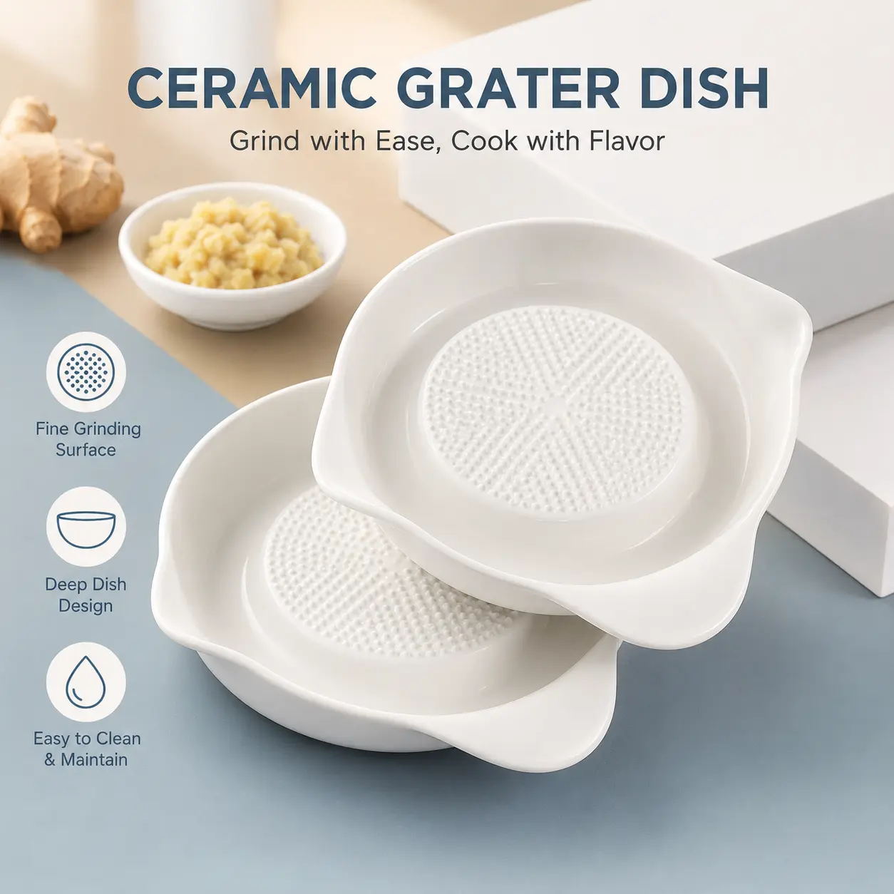 High-Temp Ceramic Grinding Bowl with Grater, Non-Slip Base, Fine Surface & Spout Drainage for Ginger, Garlic Home Kitchen Use