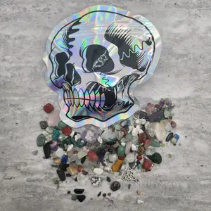 rainbow holographic skull head bag filled with 5oz natural crystal chips