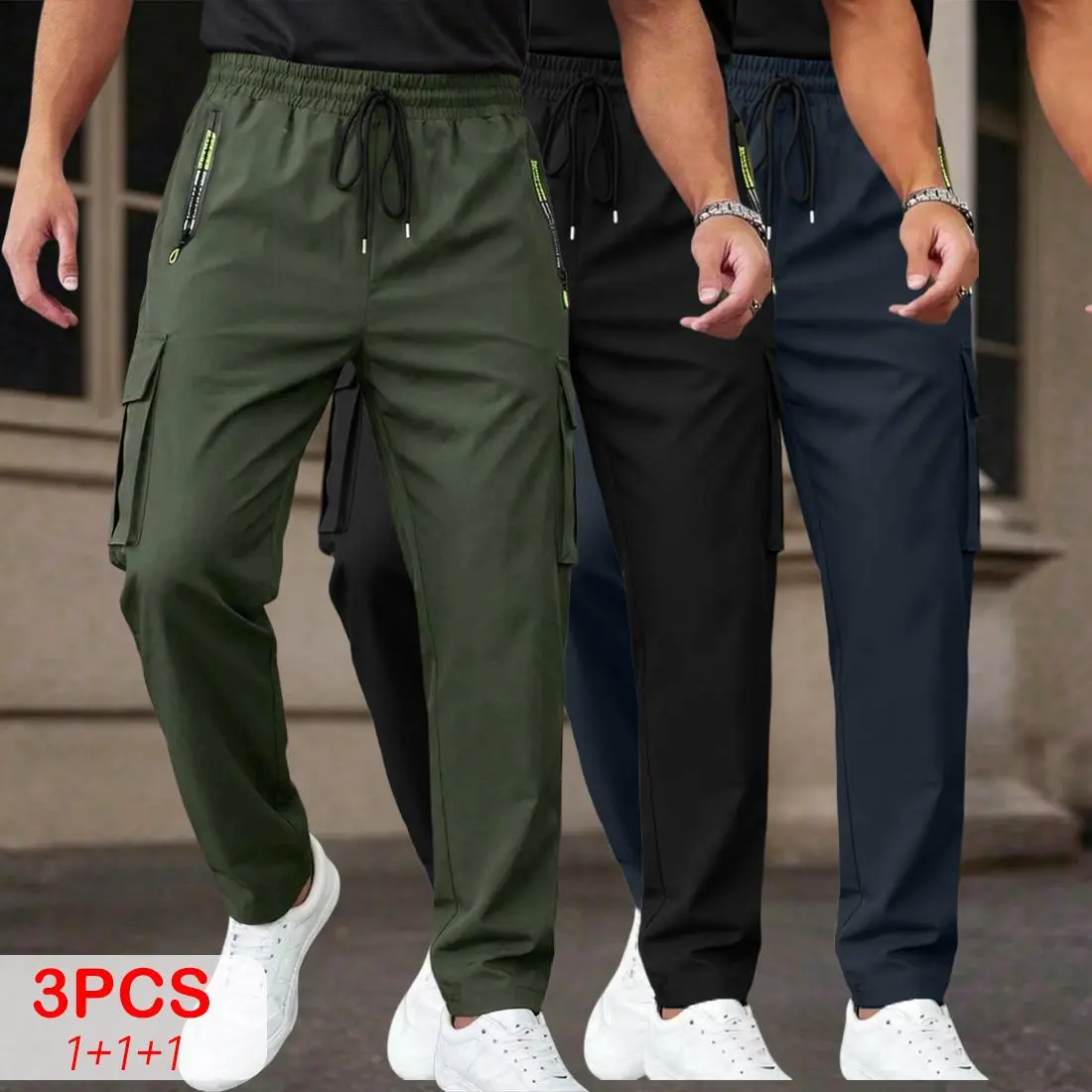 3-pack men’s minimalist solid-color long pants with large-capacity pockets, featuring side large-capacity pockets and thigh zipper pocket decorations with letter graphics; outdoor climbing hiking cargo pants