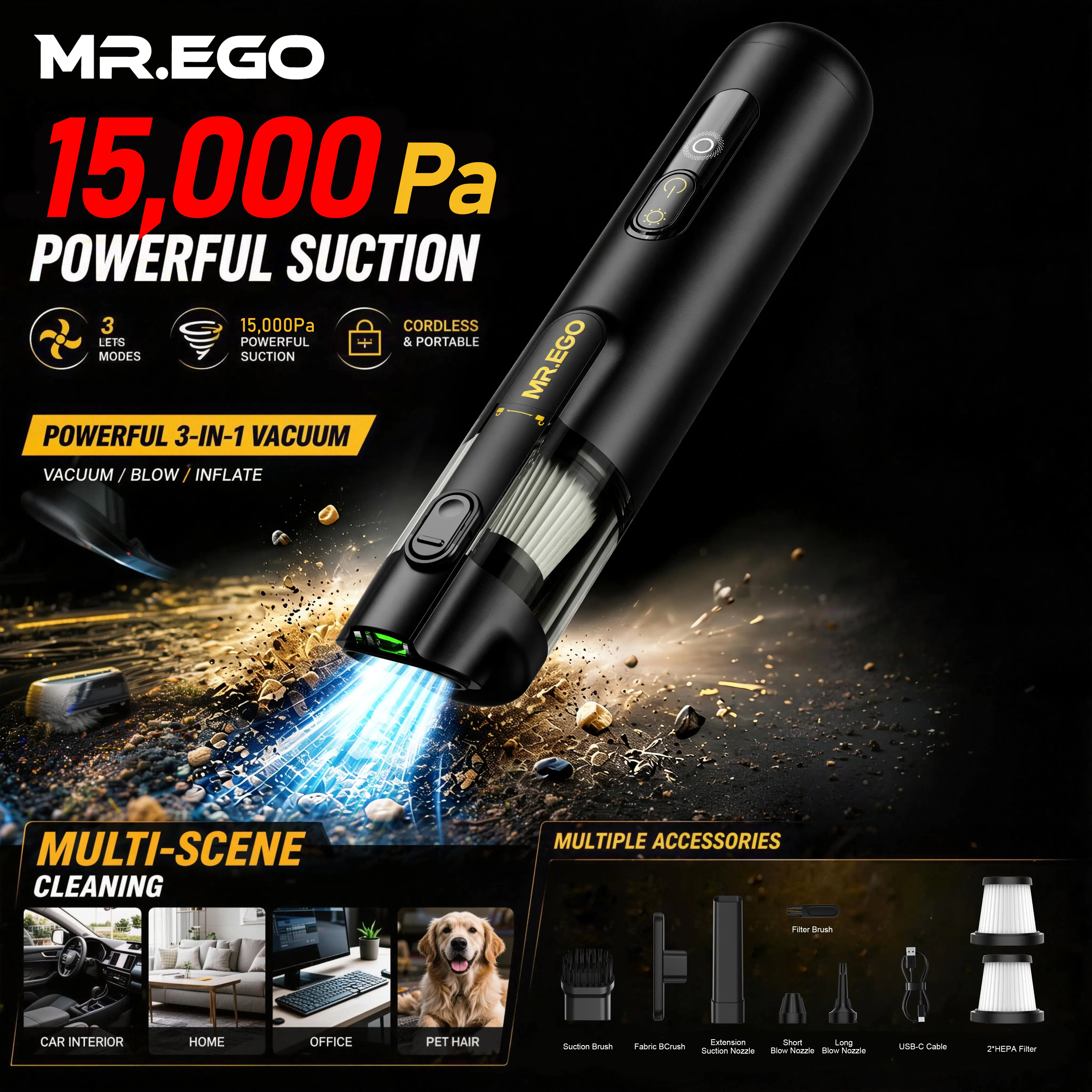 MR.EGO Cordless Portable Car Vacuum Cleaner - 15000Pa Powerful Suction, 4-in-1 Mini Vac, Green LED Light, Type-C Charging, 2 Suction Modes, Ultra-Light for Home, Auto Accessories, Car Detailing, Tools and Gadgets (Black)#SummerWins #DealsForYouDays, Car A