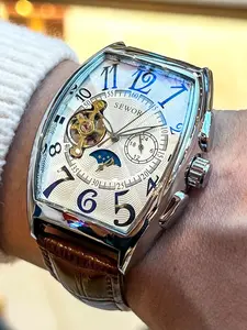 Luxury Business Men's Mechanical Watch, Skeleton Watches, New Barrel Design, Analog Display, Leather Strap, Best Gift for Him, All Seasons Wear