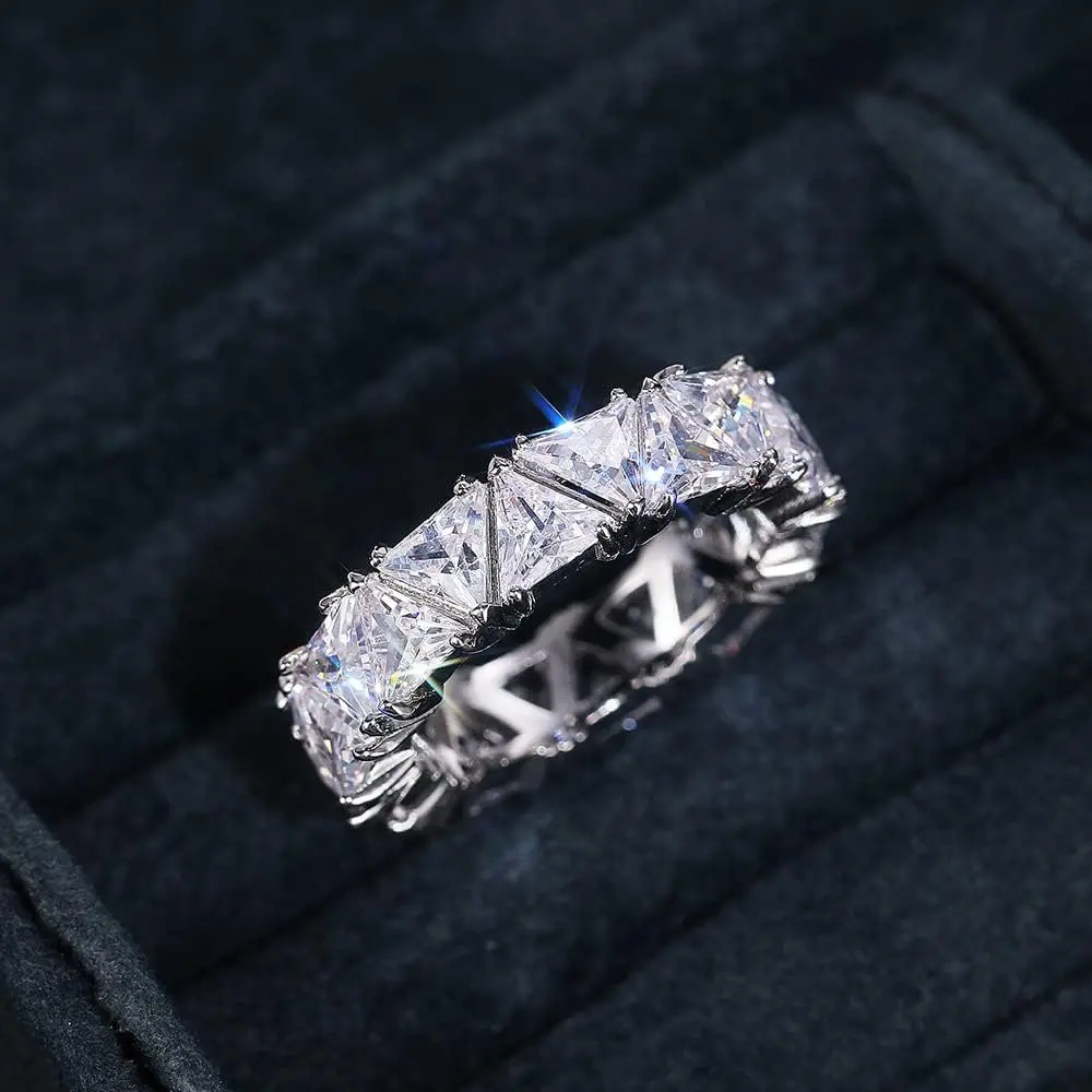 Women's Nickel-Free Cadmium-Free 14K Silver-Plated Triangle Cut Cubic Zirconia Eternity Band - Bridal Eternity Rings, Engagement Jewelry, Elegant Romantic Accessory, Sizes 6-9, Long-Lasting Shine, Anniversary Gift