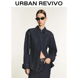 URBAN REVIVO Half Open Front Denim Jackets For Women Trendy Slit Hem Long Sleeve Jean Jacket Casual Button Down Denim Shirt springtok