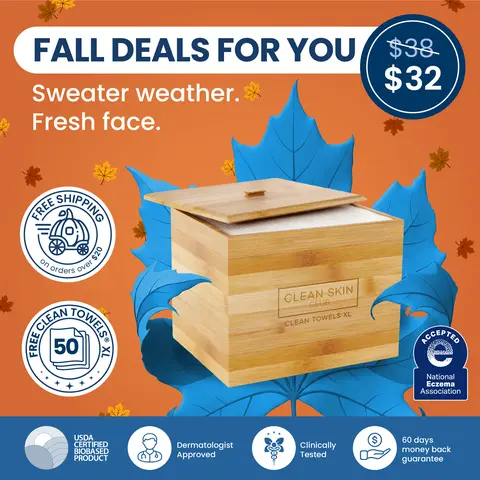 Clean Skin Club Luxe Bamboo container with Cover, includes 50 Clean Towels® XL Original disposable face towels