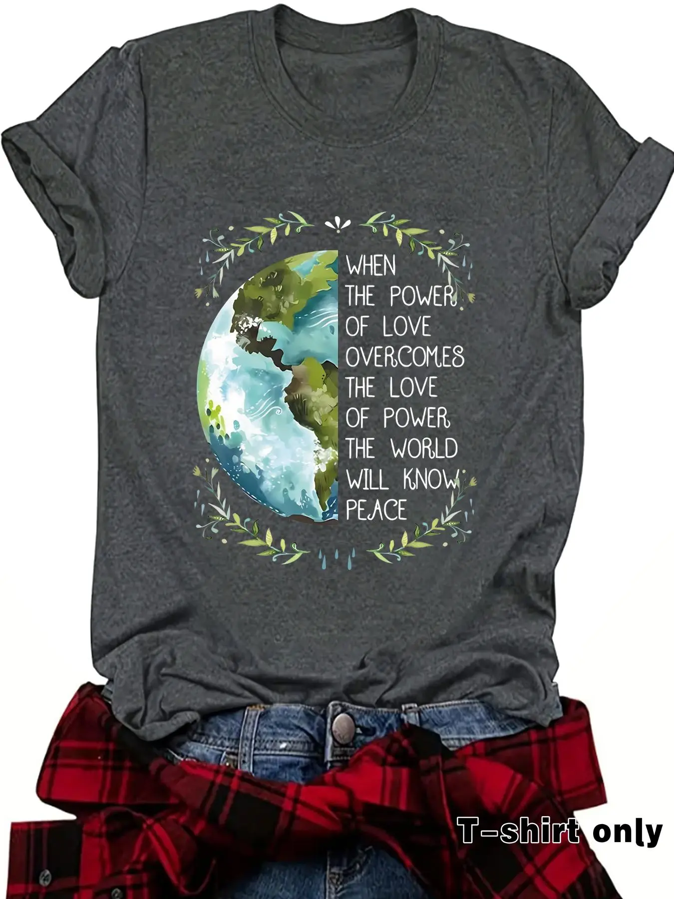 Women's Earth & Inspirational Letter Print Round Neck T-Shirt, Casual Tees for Daily Vacation Outdoor Wear, Summer Ladies Top, Apparel