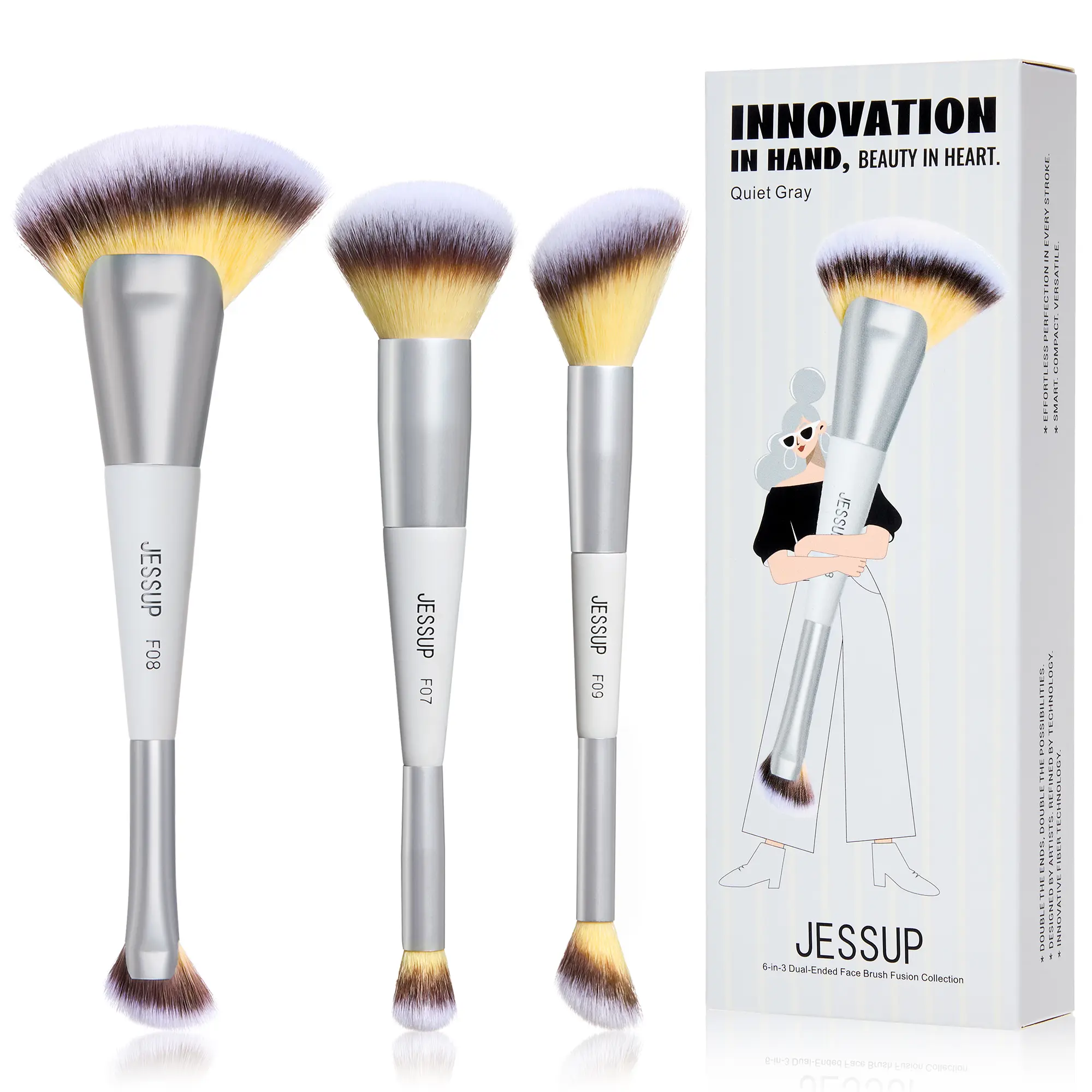 Jessup 3-Piece Double-Ended Makeup Brush Set, Multi-Pack for Foundation, Contour, Blush & Highlight, Cruelty-Free Synthetic Brushes with Gift Box, Quiet Gray T521, Double-Ended Brush Sets & Kits, Dual Side Brush Sets & Kits