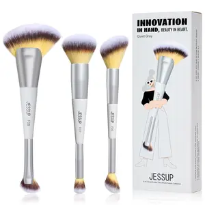 Jessup Face Makeup Brush Set 3pcs Double Sided Makeup Brushes for Foundation Contour Blush Highlight Concealer, Cruelty Free Cosmetic Tools Quiet Gray T521