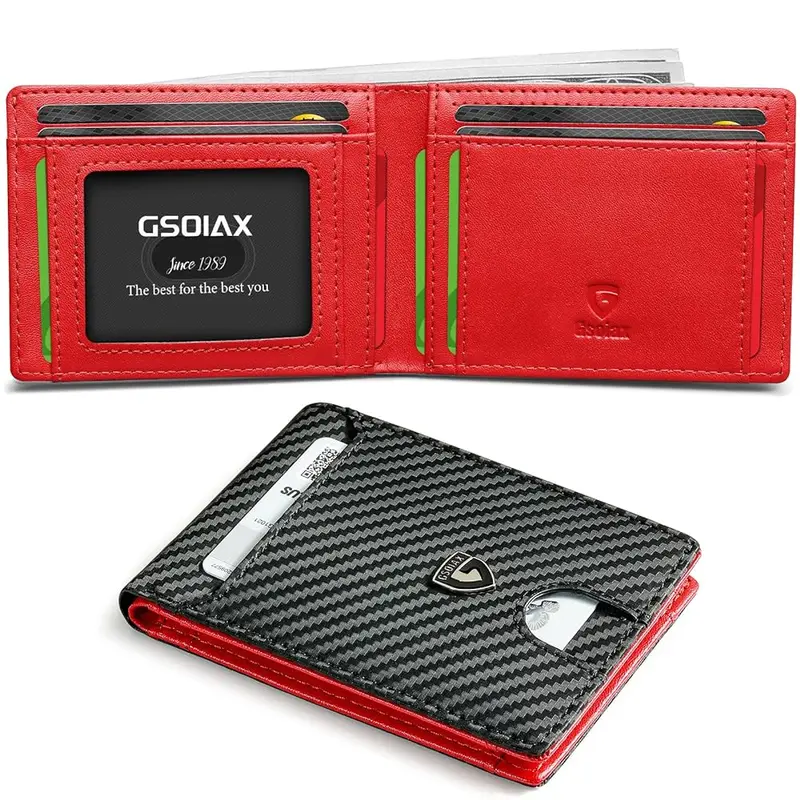 GSOIAX Men's Slim Design RFID Blocking Leather Bifold Wallet - Front Pocket Carbon Fiber Money Clip, Built-in Card Holder, 15-20 Bill Hold, Sleek Workday Accessory, Durable Wallet, Everyday Carry, Gift Box Included