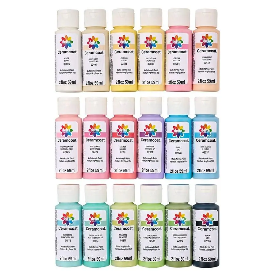 Delta Ceramcoat Paint Sets - 18 Pastel Colors (Palmetto,Lake,Salmon,Custard,Surfboard Included), Arts & Crafts Supplies, Thick-Creamy Texture, Excellent Coverage, GP Purple Option, Matte Finish, Easy Clean-Up for Home Décor Projects - PROMOCMC3, Pink Quar