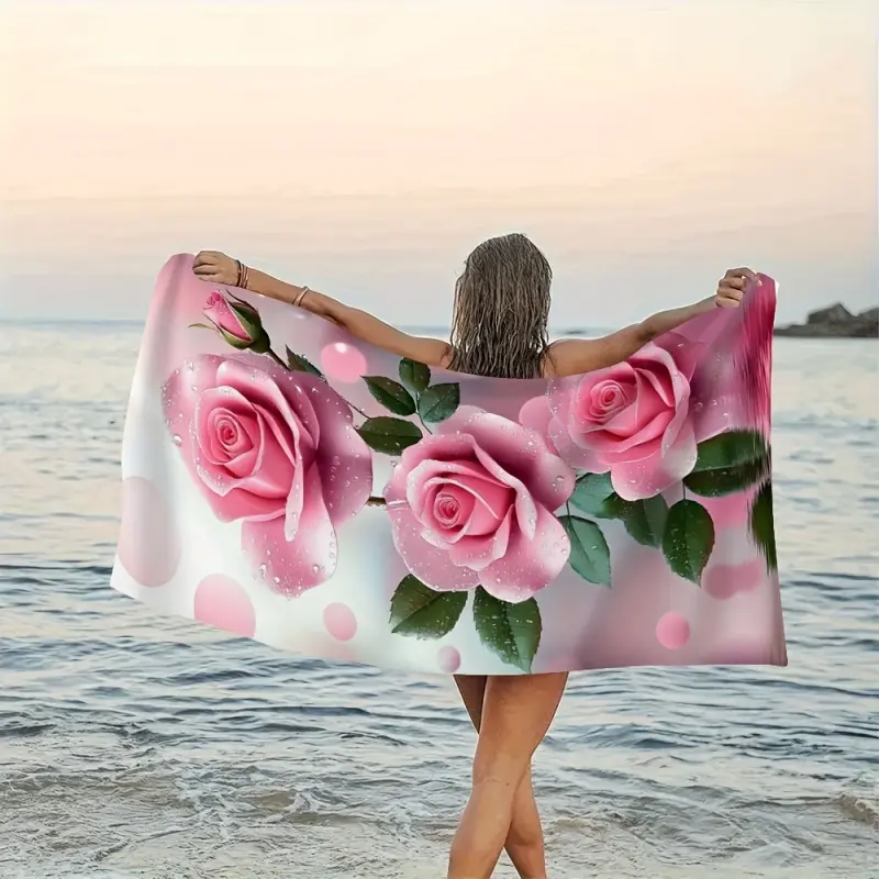 Rose Print Beach Towel, Ultra-Fine Fiber Bath Towel, Perfect for Beach, Travel, Swimming, Camping, Fitness & Bathroom. Can Be Used as Throw Blanket or Picnic Mat, Best Gift for Women
