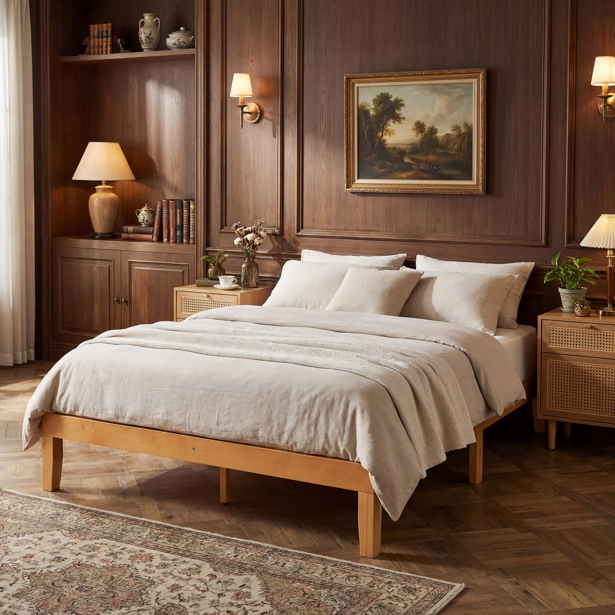 Solid Wood Platform Bed Full Size – Natural Pine Frame with Wooden Slats, No Box Spring Needed, Easy Assembly
