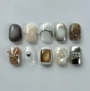 Handmade Metallic Silver Press On Nails | Cool Girl Aesthetic Nails with Snakeskin Print & 3D Chrome Details | Abstract Y2K Square Nails