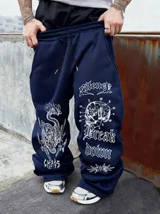 Men's Gothic Style Loose Streetwear Sweatpants, with Pattern Design, Snake and Skull Print, Drawstring Waist, All Seasons Comfort