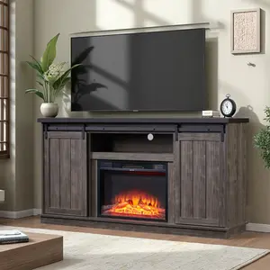 63" Farmhouse Fireplace TV Stand with Sliding Barn Doors, Entertainment Center for TVs up to 73", Adjustable Shelves & Storage, Brown/White