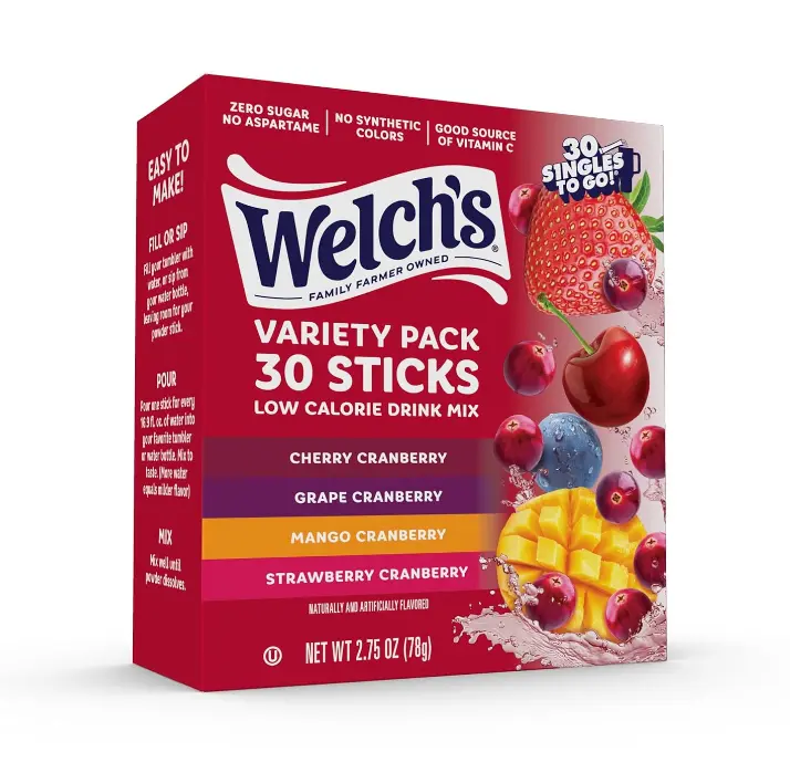 Welch’s Singles To Go! Cranberry Variety Pack Drink Mix, Sugar Free Water Flavor Packets, No Aspartame, No Artificial Dyes, Low Calorie, 4 Flavors (Grape, Mango, Strawberry, Cherry), 30 Sticks