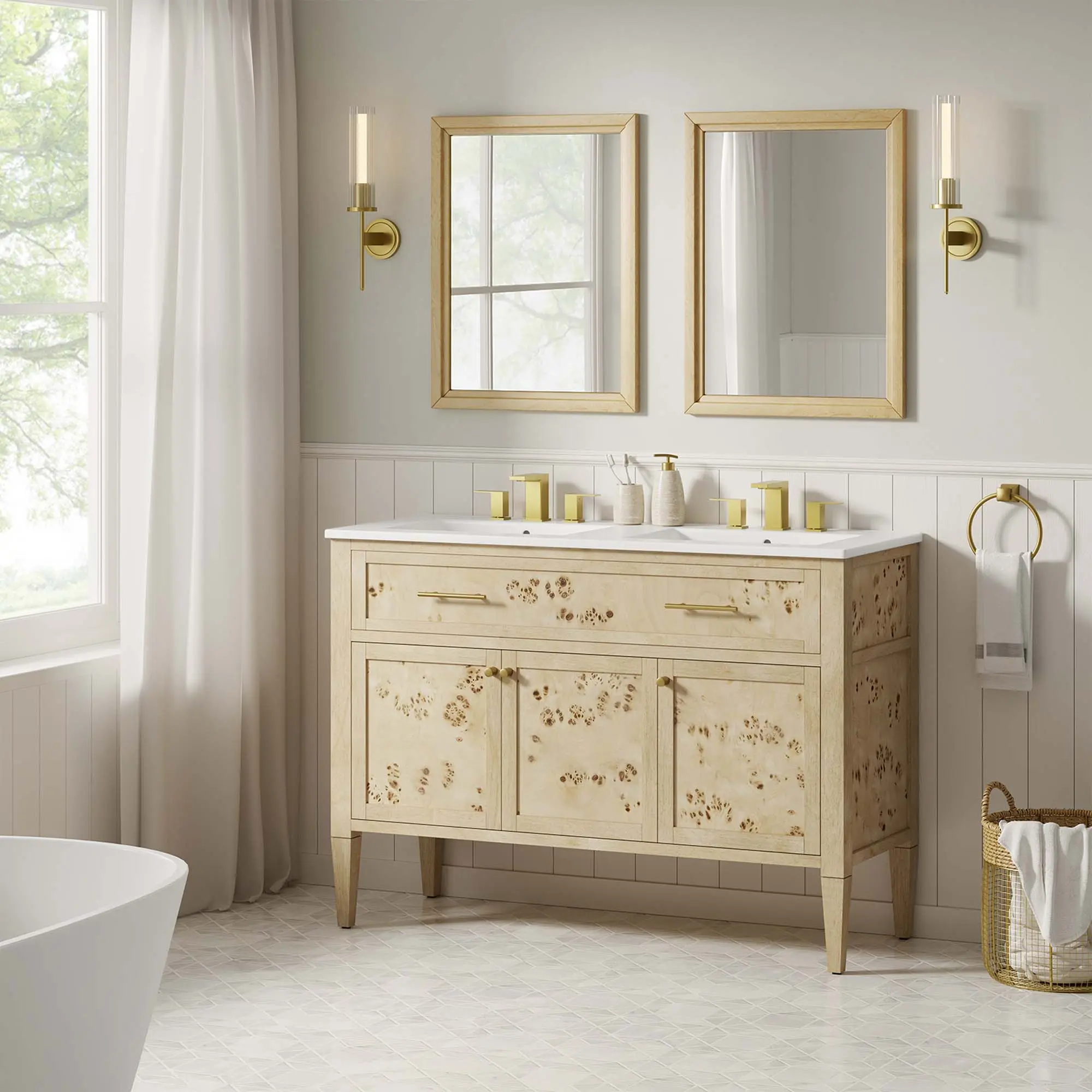 Elysian 48-in Double Sink Basin Bathroom Vanity Set, Burl Wood Finish with 1 Vanity Cabinet
