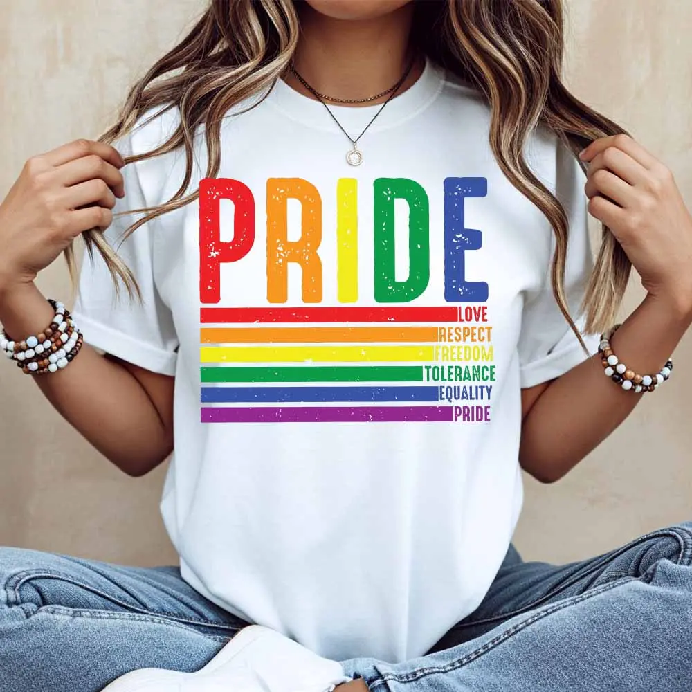 Pride Rainbow Flag Love Respect Freedom Tolerance Equality Pride Print T Shirt White Casual Loose Fit Unisex Top For Everyday Wear And Outdoor Activities