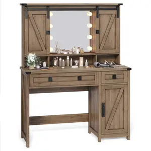 SIKAIC Rustic Grain Brown Farmhouse Makeup Vanity with LED Light Mirror, Sliding Barn Door, Easy-to-Assemble Indoor Furniture, Sliding Door