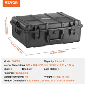 Summervibes VEVOR Weatherproof Hard Case, Heavy Duty Protective Dry Box Case with Pre-cut Foam, and Retractable Pull Handles for Travel, Hunting, Military, Tactical, IP67 Waterproof Case for Cameras (56.1x37x26)