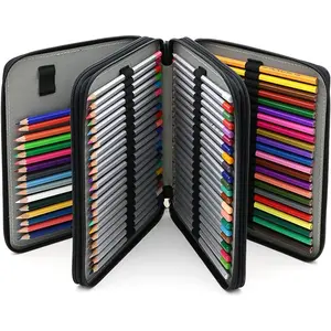 XY-PCB12  Deluxe PU Leather Pencil Case For Colored Pencils - 120 Slot Pencil Holder with Handle Strap Handy Colored Pencil Box Large(Black)