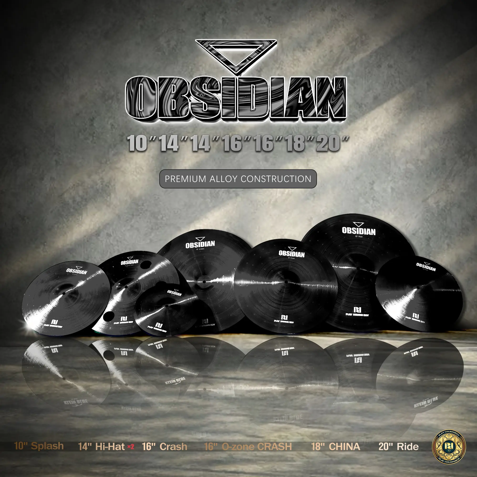 Obsidian PD Professional 7-Piece B20 Blue Bronze Cymbal Set 14/16/18/20 Inch Hi-Hat Crash Ride Gong & Cymbals Kit Premium Alloy Construction