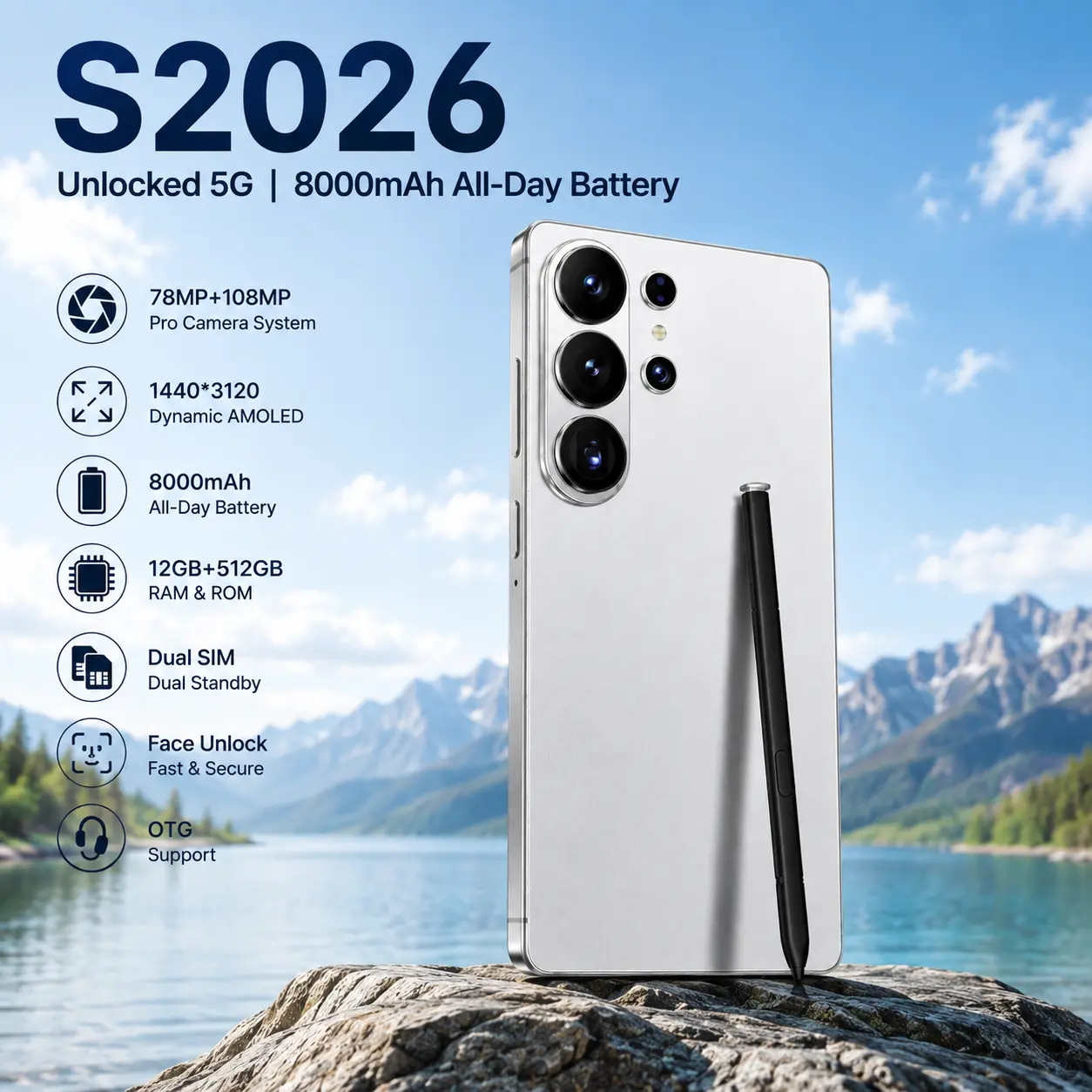 S2026 Unlocked 5G Smartphone, Android 15, 12GB+512GB Storage, 1440*3120 HD Display, 78MP+108MP Dual Cameras, 8000mAh Battery, OTG Supported, Multiple Colors, Full Accessories Included