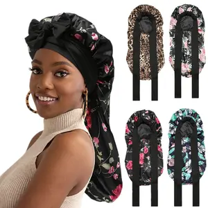 Printed Solid Double-Layer Long Satin Bonnet Sleep Cap Adjustable Care Night Sleeping Cap for Women Braids Curly Hair Wrap for Bonnets with Tie Band