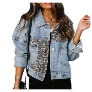 Womens Button Down Distressed Leopard Denim Jean Jacket Cozy Oversized Coat Blouse Washed Long Sleeve Ripped Cheetah Jean Coat 2025 Fall Winter