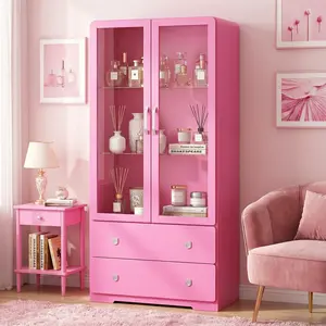 RoyalCraft Dopamine Display Cabinet with Acrylic Doors, Modern Storage Cabinet with LED Lights, Bookcase with Drawers & Adjustable Shelves, 3-Tier Curio Cabinet for Living Room, Home Office, DopamineDecor