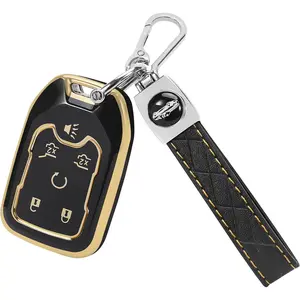 for GMC Key Fob Cover with Keychain, 6 Buttons Soft TPU Key Fob Protector Compatible with 2015 2016 2017 2018 2019 2020 GMC Yukon Chevy Suburban Tahoe Car Key Cover, Black