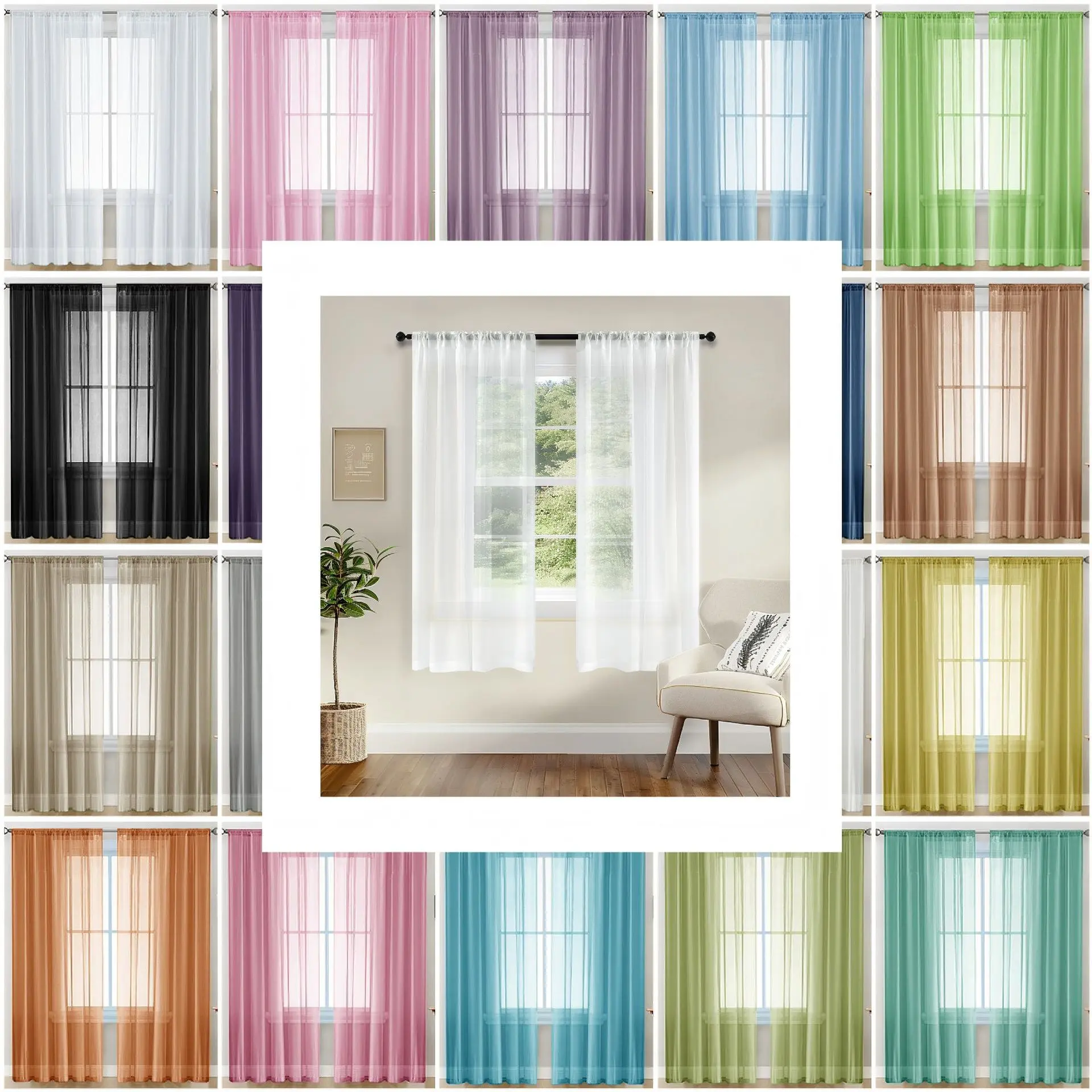 Colorful sheer curtains, Terylene sheer curtains, solid color light-transmitting elegant window screens for small-sized villas and living room curtains