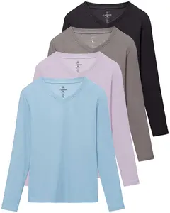 4 Pack: Women's V-Neck Cotton Long-Sleeve T-Shirt (Available in Plus Size)