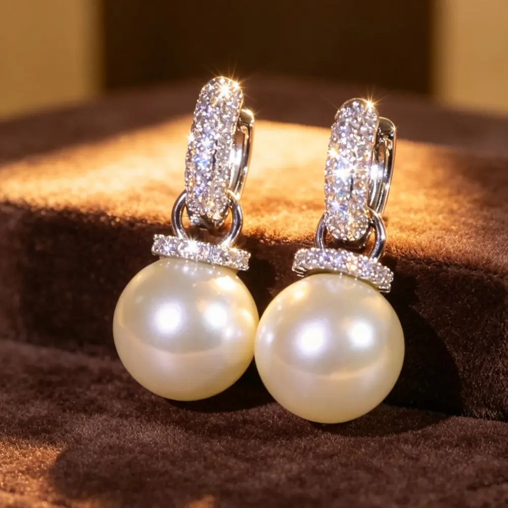 Pave Huggie Synthetic Pearl Earrings, Sparkling Stone Setting with Pearl Drop, Timeless Statement Jewelry