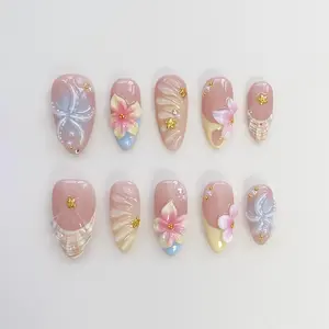 Starfish Bloom Elegance Press On Nails Short Almond Nails/Flower Nails/Yellow Nails/Spring Summer Nails/Shell Nails/Birthday Nails