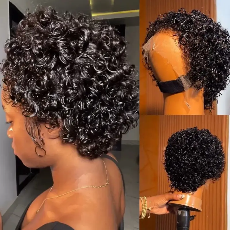 QTHAIR 8 Inch 13X4 Pixie Cut Curly HD HumanHair Wig,Natural Black Color 180% Density Lace Front Wig 4C Curly Edge Hairline
